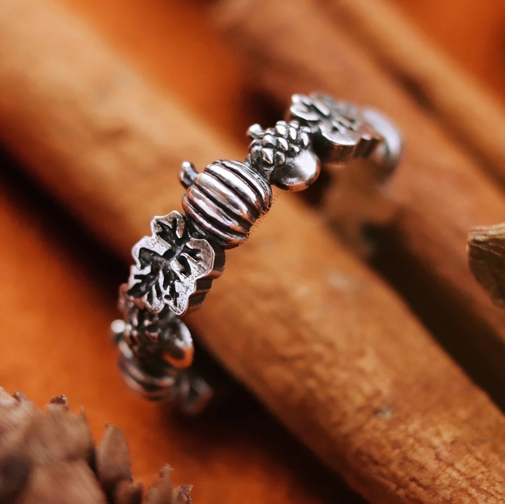 Dixi Autumn Is Calling Pumpkin & Acorn Boho Wreath Ring Sterling Silver - Picture 6 of 12